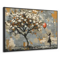 LEINWAND Bilder mit Rahmen - Baum - Graffiti - Banksy-Stil - Ballon-Mädchen - 140x90