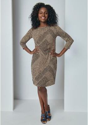 Plus Size Women's Stretch Cotton Boatneck Shift Dress by Jessica London in New Khaki Animal Patchwork (Size 20 W) Stretch Jersey w/ 3/4 Sleeves