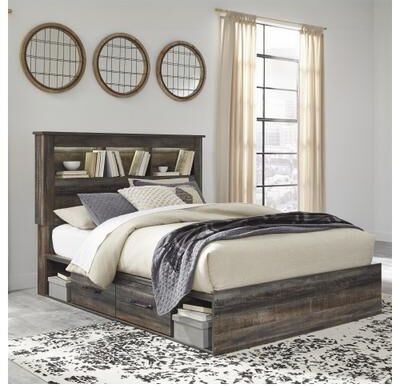 Signature Design by Ashley Drystan Rustic Brown Bookcase Bed with 2 Under Bed Storage Drawers