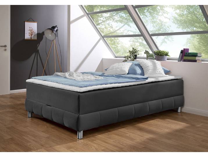 Boxspringbett, Samtstoff, Grau, 146×206 cm, Mit Bettkasten & Topper, Modern, Inosign