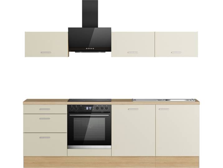 Küchenzeile KOCHSTATION KS-Sion Breite 240 cm , beige (küche: natur, korpus: eichefarben, arbeitsplatte: eichefarben hell), B:240cm H:186cm T:60cm, Komplettküchen-Sets, Küchenzeile, schnelle Montage OPTIsnap, wahlw. m.HANSEATIC-E-Geräten u.Stand Alone