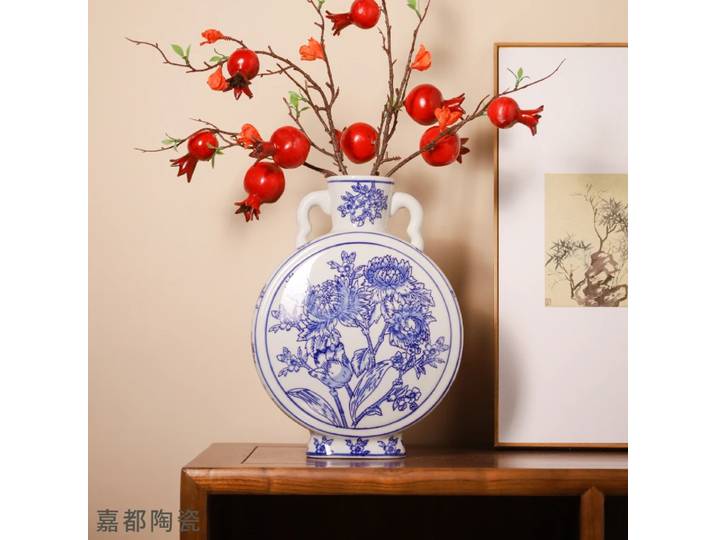 Vase en céramique bleu et blanc de Jingdezhen à double anse, grand ornement pour salon et entrée