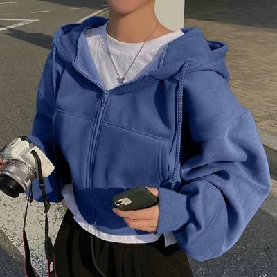 Inspired Finds Women's Fleece Lined Zip Up Hoodie Cropped Slim Fit Sweatshirt blue xxl(us 14)
