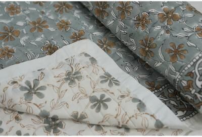 Fabdivine Artisan Handmade 100% Cotton Quilt - Brown Green Floral Block Print, Reversible Bohemian Bedding for Home