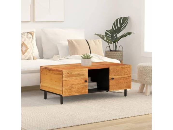 KTHLBRH Couchtisch 100 x 54 x 40 cm aus massivem Akazienholz Großer Stauraum, Tür zum Verstecken von Gegenständen, robuste Platte, Beine aus Eisen