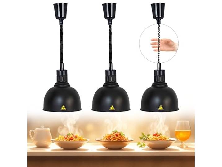 BOVDC Wärmelampe Küche Gastro, 250W Hängende (Schwarz-25cm,3 Stück) Speisenwärmer Lampe 19/25 cm, Einstellbare Höhe Lebensmittel Wärmelampe Küche für Essen Buffets Esszimmer und Hotels
