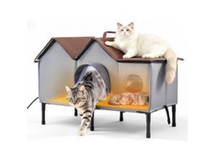 VEVOR Katzenhaus 35 W Katzenhöhle mit Heizmatte 835x440x540 mm Isoliert, Katzenmöbel für Outdoor Winterfest, Platz für 2-3 Katzen, mit Erhöhtem Ständer, Doppeltür & Sichtschutzvorhang, 35–45 °C