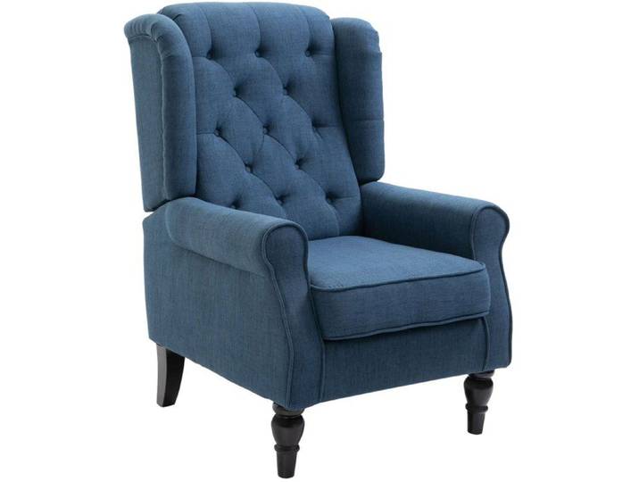Fauteuil bergère capitonné bleu en tissu dossier haut accoudoirs pieds en bois 1 place