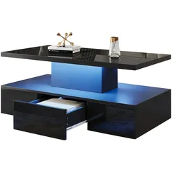Zweistufiger Couchtisch 100x50x39 cm Schwarz mit LED-Beleuchtung, Steuerung per Fernbedienung und Stauraum