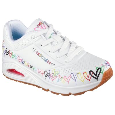 Sneaker SKECHERS "UNO", Damen, Gr. 37, atmungsaktiv, bunt (weiß bunt), Lederimitat, bedruckt, Schuhe Sneaker, Keilsneaker, Plateausneaker mit bedruckter Sohle