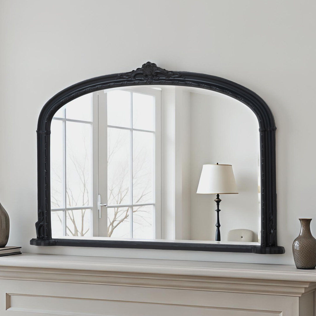 Astoria Grand Overmantle Arched Bevelled Victorian Mirror Black 89cm H X 127cm W X 4cm D