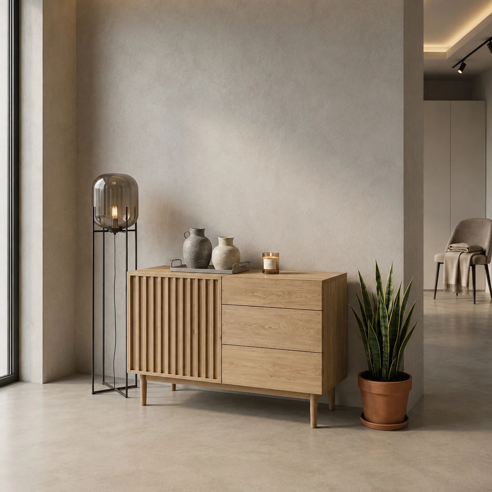 garneroarredamenti Madia 106x84h cm moderna design cannettato rovere Colby