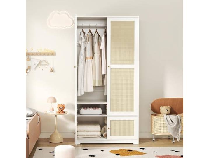 Merax Kleiderschrank mit Türen in Rattanoptik, Weiß, 90 x 48 x 180 cm Mit Kleiderstange, festen Einlegeböden und separatem unteren Fach für geordnete Kleidung