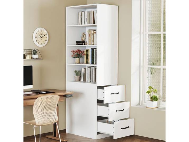 Bibliothèque Étroite avec 3 Tiroirs 4 Niches et 2 Étagères Réglables Blanc 60×38×180 cm - UVRION