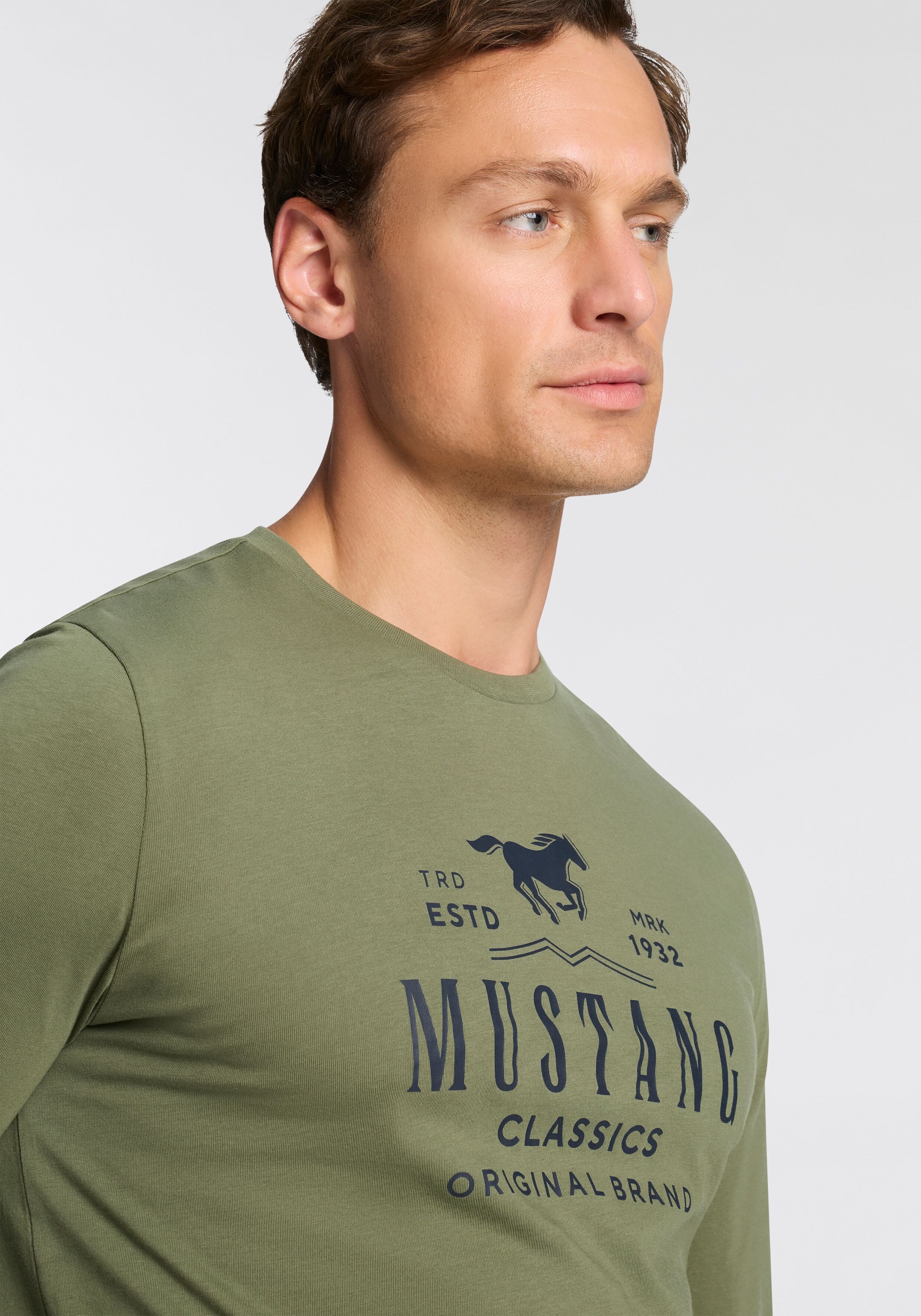 Langarmshirt MUSTANG "Style Adrian", Herren, Gr. S, blau (mineral blau), Obermaterial: 100% Baumwolle, regular fit, Rundhals, Shirts Langarmshirt mineral blau S