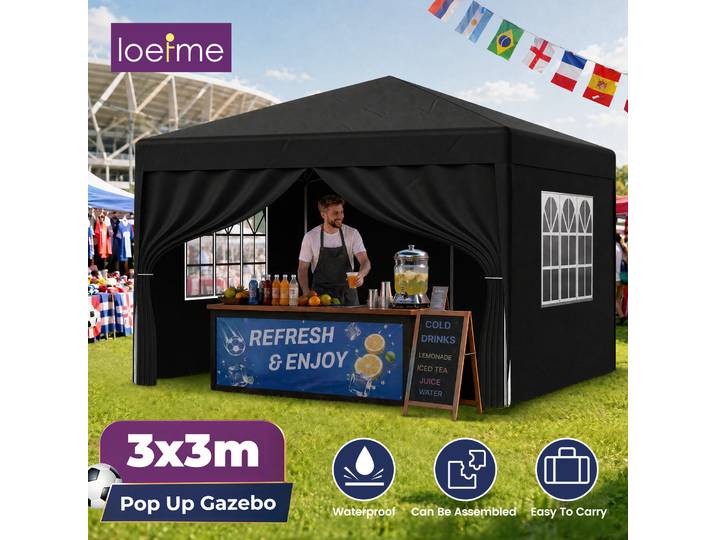 LOEFME Tonnelle Pliante 3x3M pour Extérieur, Imperméable et Résistante au Vent, Abri Solaire avec Parois Amovibles pour Camping, Jardin et Fêtes