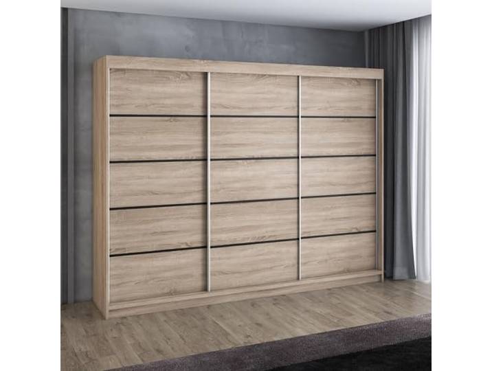 A&J MöbelLand MES Schwebetürenschrank 200 cm, Kleiderschrank 3-türig mit 4 Schubladen (Sonoma/Sonoma/Sonoma/Sonoma)