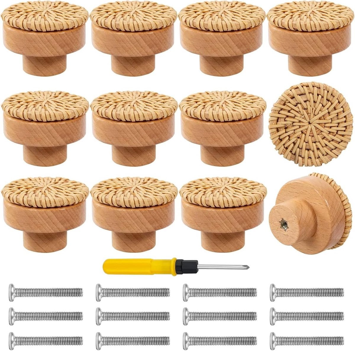 12 Stuks Rotan Kastknoppen voor Boho Decoratie, Houten Ladegrepen voor Vintage Meubilair