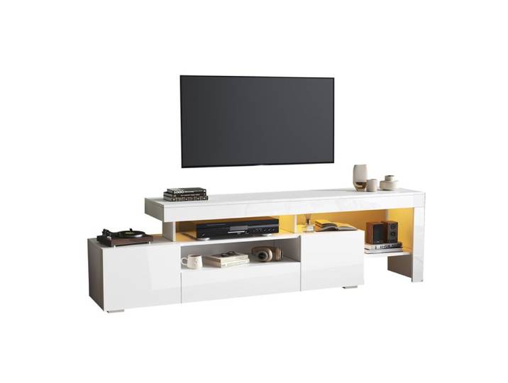 Meuble TV blanc brillant avec LED et 3 placards 192 x 37 x 53 cm pour téléviseur 85 pouces