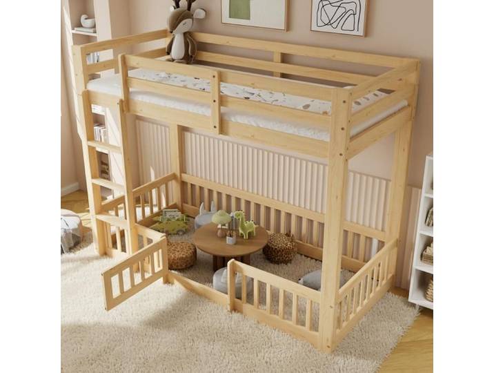 Lit Superposé Enfant 90x200 avec Barrière Sécurité et Porte - Bois Naturel - Lit Mezzanine Enfant avec Échelle et Espace Rangement