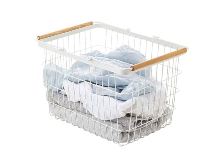Yamazaki 2809 TOSCA Laundry Basket M\, white\, Steel/Wood\, 41.5 x 31 x 27 cm
