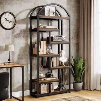 Lee "7-Shelf Industrial Bookshelf, 71"" Tall Arched Bookcase"