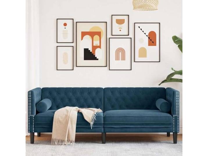 HEFZGDB Chesterfield Sofa 3-Sitzer Blau Samt mit Nackenrollen – Bequemes Sitzmöbel für Wohnzimmer, Weiche Polsterung und Stabile Konstruktion, Elegante Chesterfield-Optik