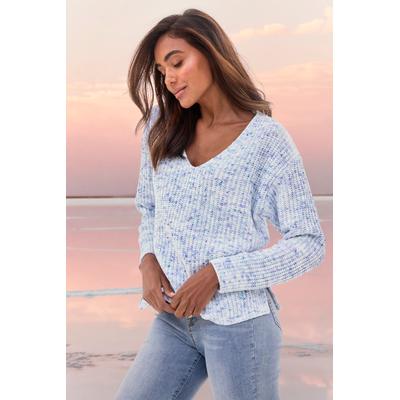 V-Ausschnitt-Pullover BUFFALO "aus kuschelig weichem Chenillegarn", Damen, Gr. 32/34, weiß (blau, creme), Strick, Obermaterial: 100% Polyester, meliert, figurumspielend hüftlang, tiefer V-Ausschnitt, Strickbündchen, Pullover, kuschelig weicher...