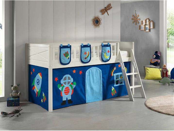 Spielbett 90 x 200cm Weiß/Dunkelblau mit Taschen/mit Vorhang