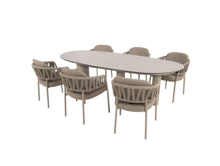 4Seasons Outdoor Calma/Estate Gartenmöbel-Set mit Tisch Keramik 240x105 cm, 7-teilig Design-Highlight in Naturtönen: 6 Rope-Sessel mit Säulentisch Modern Country, Organic Modern