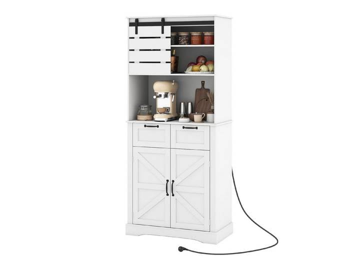 COSTWAY Küchenbuffet Hoher Mehrzweckschrank mit Steckdose, Türen & Schubladen