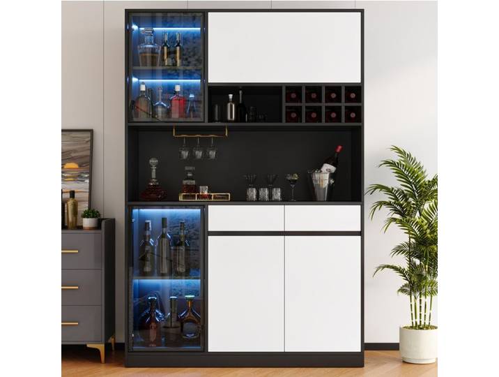 Maisentiel Buffet haut vitrine LED 120x35x180 cm en MDF noir et blanc avec portes vitrées et casier à bouteilles