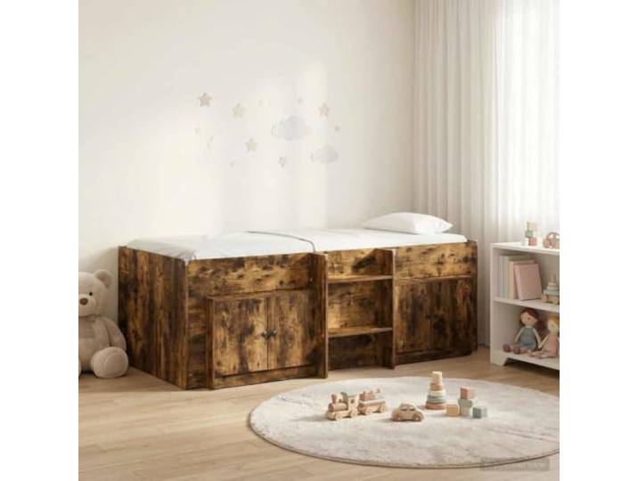 RJPLMFV Hochbett mit Schrank, 3-teilig, Eiche rauchfarben Holzwerkstoff, integrierte Leiter, inklusive Latten, platzsparend, geräumige Aufbewahrung