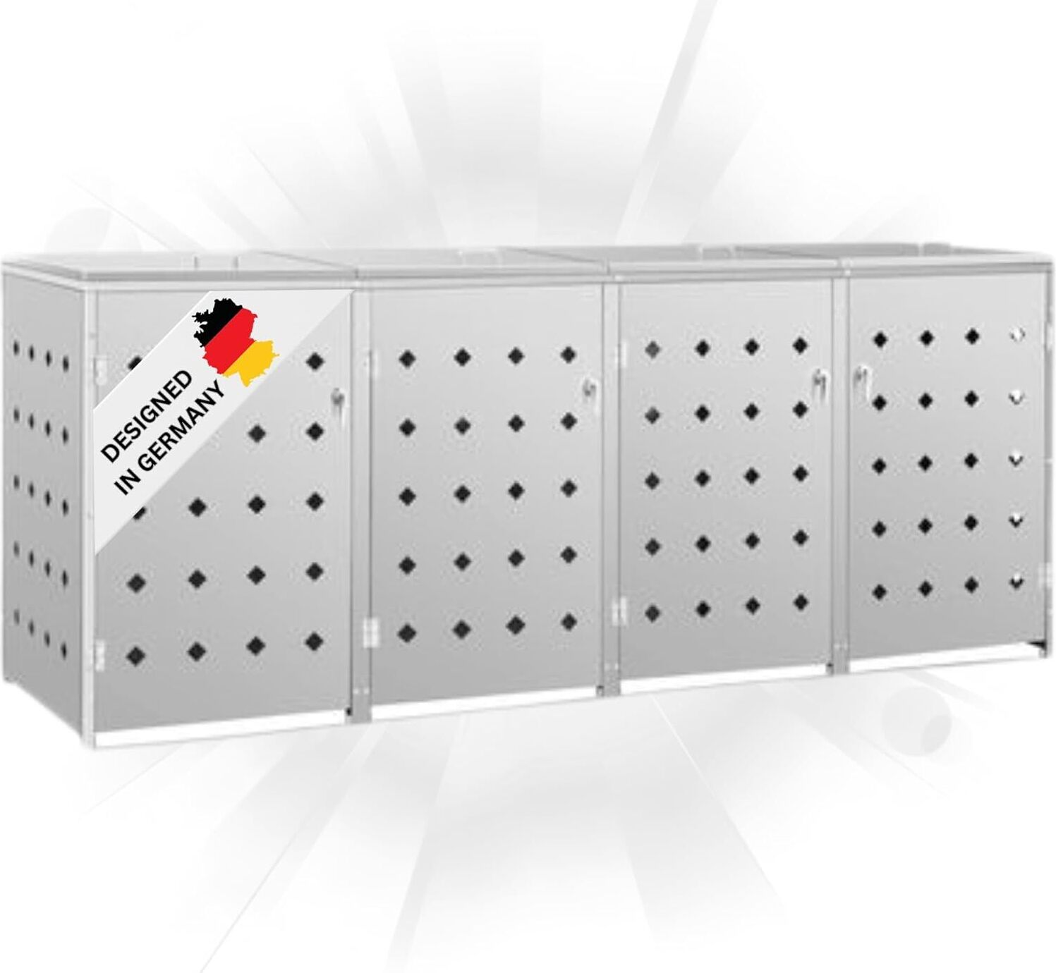 DELUKE 4er Mülltonnenbox SOGI Edelstahl | 276x115x77,5cm silber | Mülltonnenverkleidung für 4 Tonnen 240L Müllbox aus Metall Mülltonnenschutz Mülltonnendach