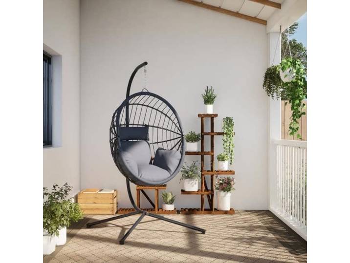 Printemps/été 2026  Chaise suspendue en forme d'œuf et support gris rotin et acier FR3122992