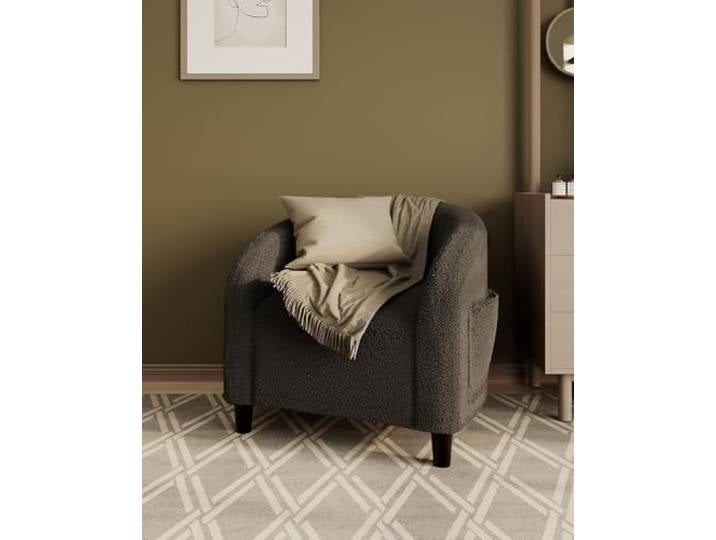 Garvee Bouclé Einzelsessel mit Armlehnen – Barrel-Design & stabiles Gestell – Gemütlicher Sessel für Wohnzimmer, Schlafzimmer, Leseecke, Empfang oder Büro – Elegant & weich – Dunkelgrau, Plüsch-Fleece