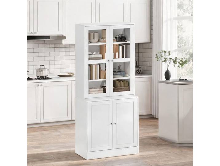 Bibliothèque vitrée style contemporain avec portes bois et rangements ajustables finition blanche en MDF