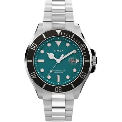 Quarzuhr TIMEX "HARBORSIDE COAST", silber (silberfarben, türkis), Armbanduhren, Herren, silberfarben, Quarzuhr, Armbanduhr, Herrenuhr, Datum, Leuchtzeiger, Mineralglas, analog