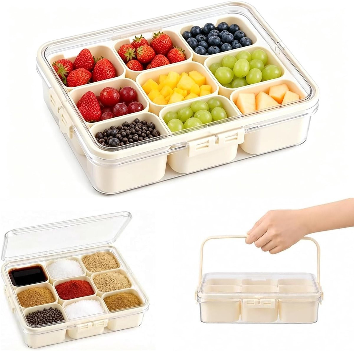 Multifunctionele Keuken Organizer met 9 Compartimenten voor Specerijen, Snacks en Snoep, Afsluitbare Opbergdoos met Deksel en Handvat