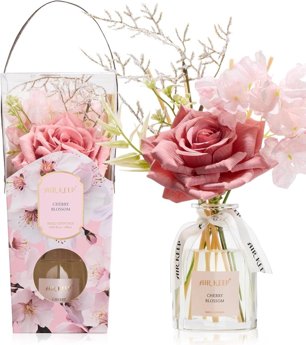 Fragrance Sticks Diffuser Kersenbloesem 120ml – Decoratieve Geurstokjes met Bloemen voor Aromatherapie
