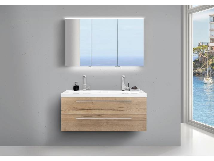 Design Badmöbel Set mit LED Spiegelschrank und Doppelwaschtisch Evermite in 120cm