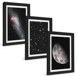 BILDER SET 3er Set - 20x30 cm Schwarzer Rahmen - Weltraum Galaxien Sterne Mond