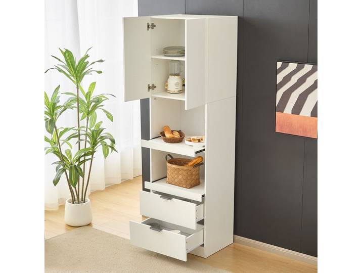 MODENUIT Armoire de cuisine 59 5x45x200 cm buffet de cuisine multifonction avec 2 portes 2 tiroirs 2 étagère coulissantes blanc