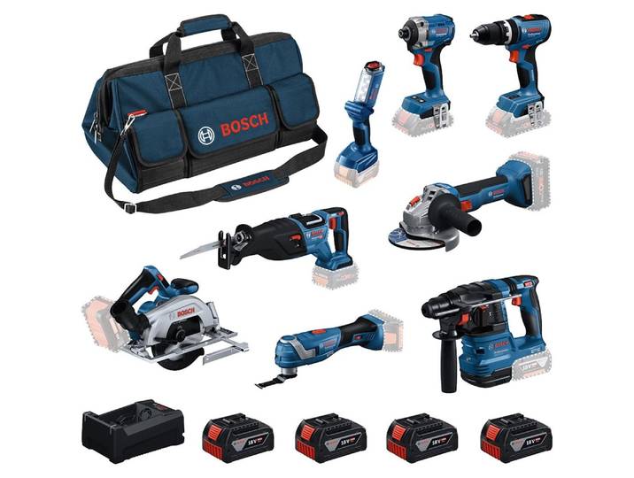Kit batterie 8 outils : 18V GBH 18V-22\, GWS 18V-8\, GDR 18V-215\, GSB 18V-65\, GKS 18V-57-2\, GSA 18V-28\, GOP 18V-34\, GLI 18V-300 4x GBA 5.0Ah et chargeur GAL 12V/18V-80 dans sac à outils - BOSCH - 0615V00061