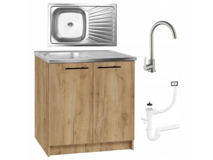 Küchenschrank 80 cm Eiche Gold 2-Kammer Spüle Armatur Olive Flex Set Standschrank 46cm Tiefe Elastische Armatur Siphon Montagefertig XXL