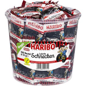 Haribo Lakritz Lakritzschnecken, süß & würzig, 100 Stück, wiederverschließbare Dose, ohne künstliche Farbstoffe, 1,3 kg