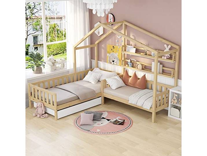 Merax Hausbett mit Schubladen und Regalen, Kinderbett 90x200 cm and 140x70cm, Massivholz Bettgestell mit Zaun und Lattenrost, L-Struktur, Baumhausbett für 2 Kinder Doppelbett, Natur