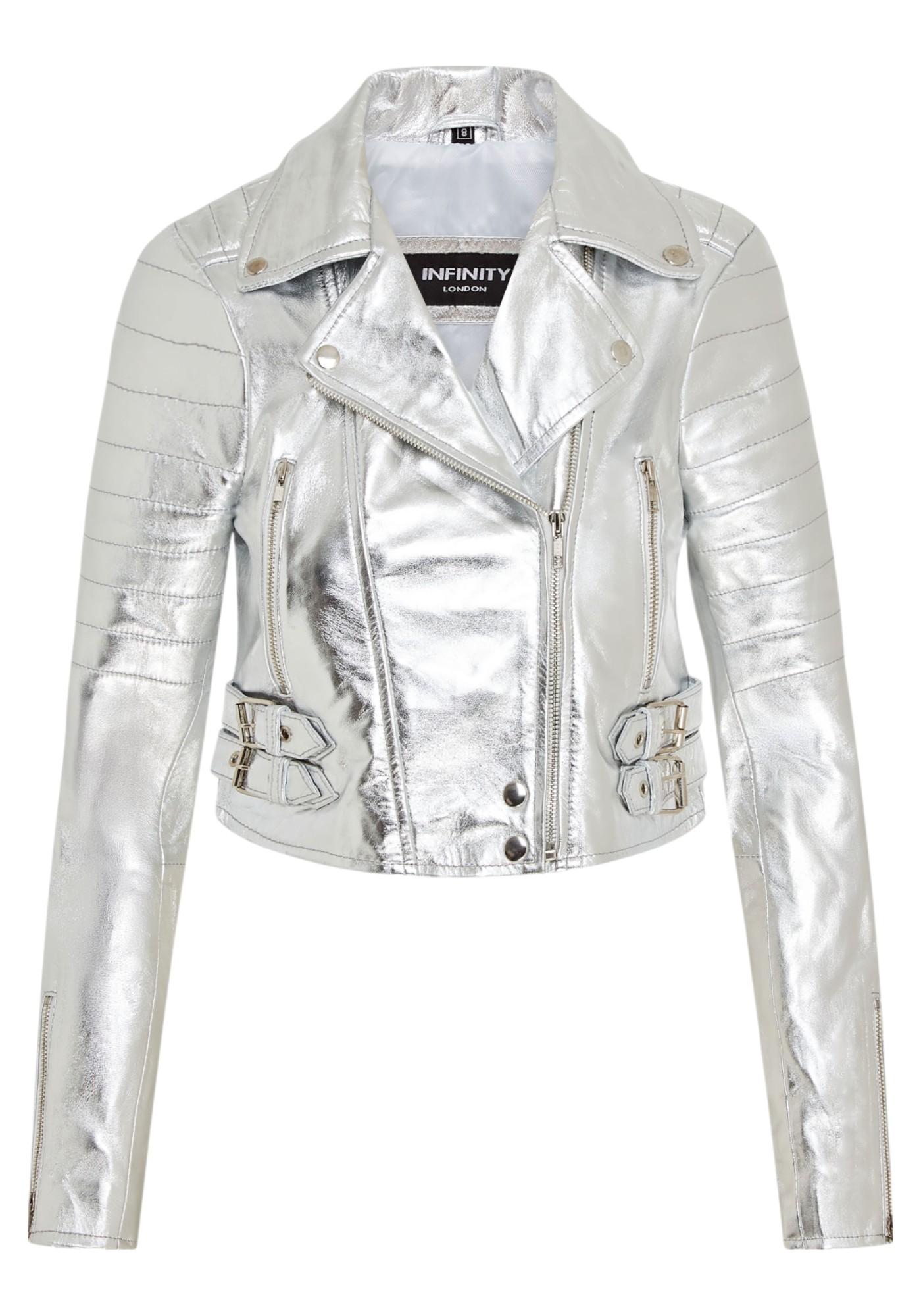 Silberne kurze Brando-Bikerjacke aus Leder für Damen – Damaskus