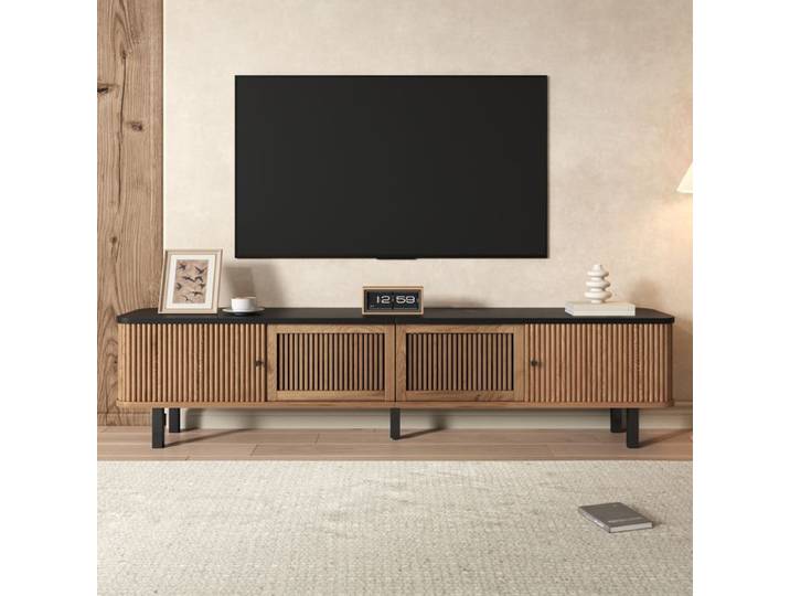 Meuble TV - Meuble TV moderne 190x35x45cm - Portes coulissantes - Grille aérée - Poignées fer noir - MDF & PB - Chêne