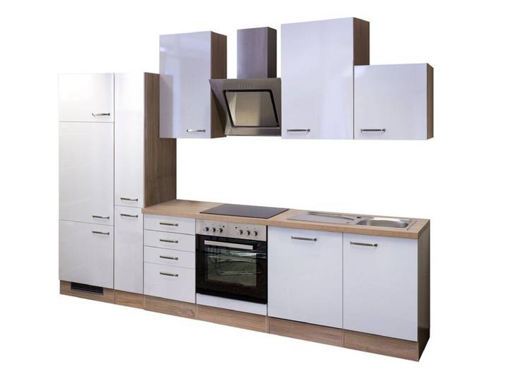 Küchenblock Valero Weiß Hochglanz/Eiche Sonoma Nachbildung 310 cm